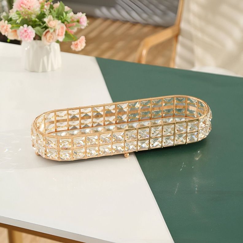 Bandeja Almacenamiento Decorativa Vidrio Ovalada Dorada Jhn-5