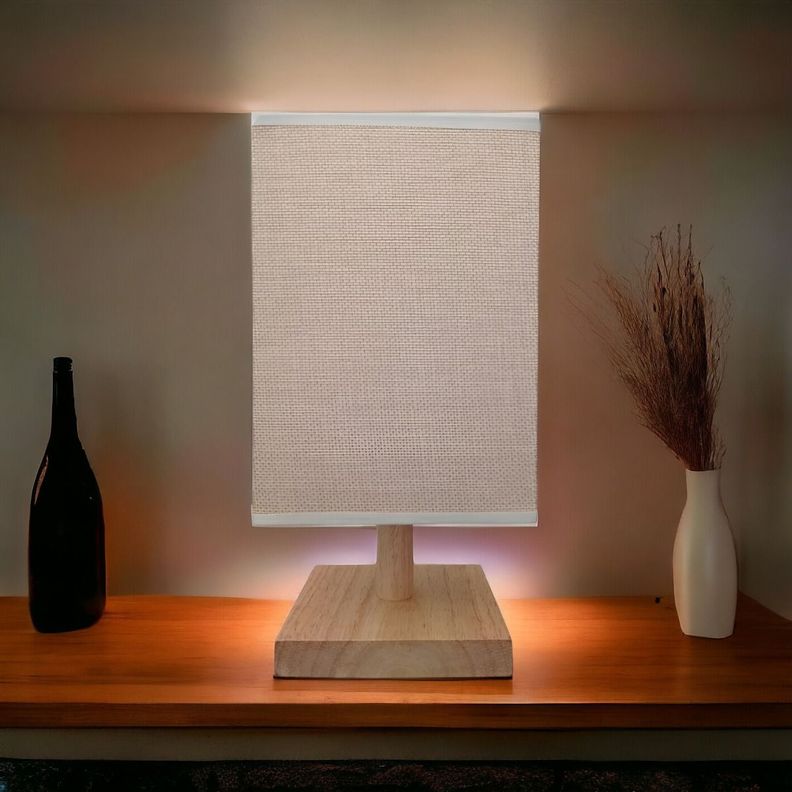 Lámpara Mesa Decorativa Base Madera Cuadrada Marrón Jhn-7