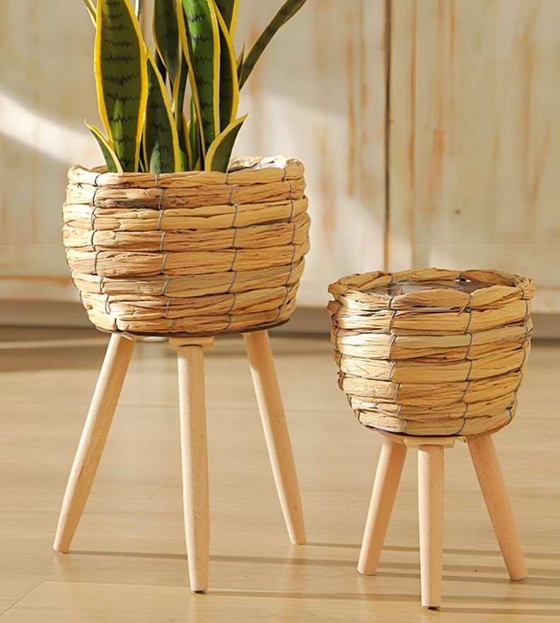 Set Macetas Decorativas Tejido Paja Plantas Flores Jhn-1