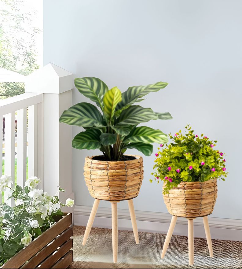 Set Macetas Decorativas Tejido Paja Plantas Flores Jhn-7