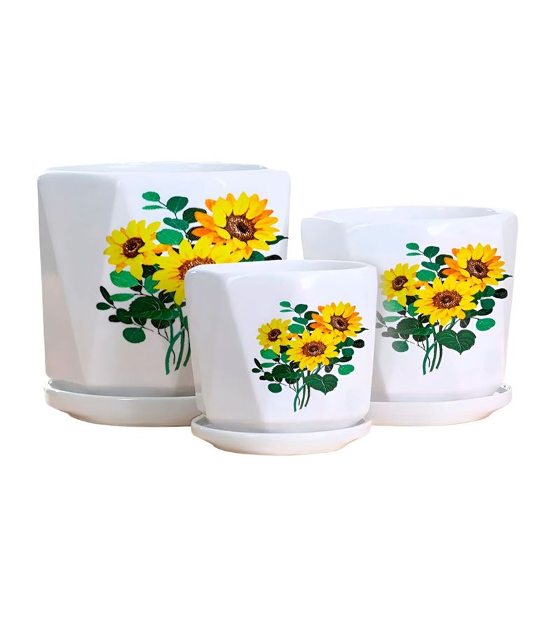 Set 3 Macetas Girasol Cerámica Plantas Jardín Decoración Jhn-0