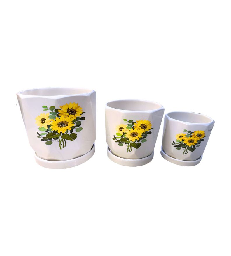 Set 3 Macetas Girasol Cerámica Plantas Jardín Decoración Jhn-1
