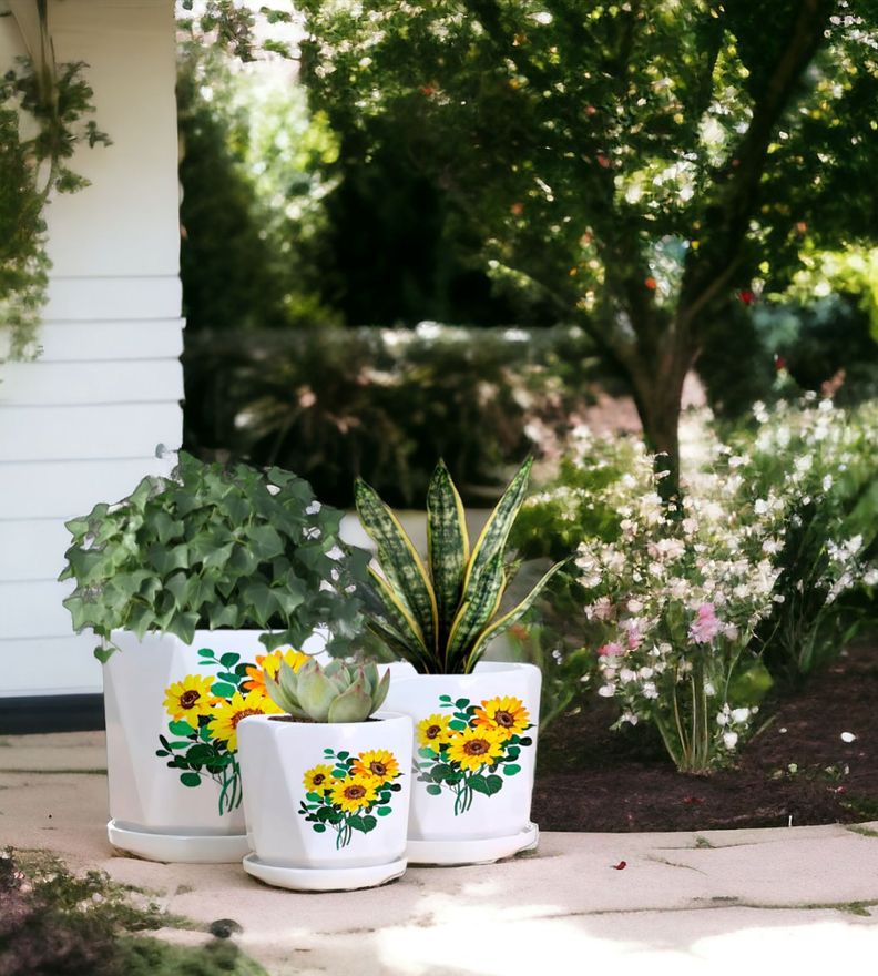 Set 3 Macetas Girasol Cerámica Plantas Jardín Decoración Jhn-5