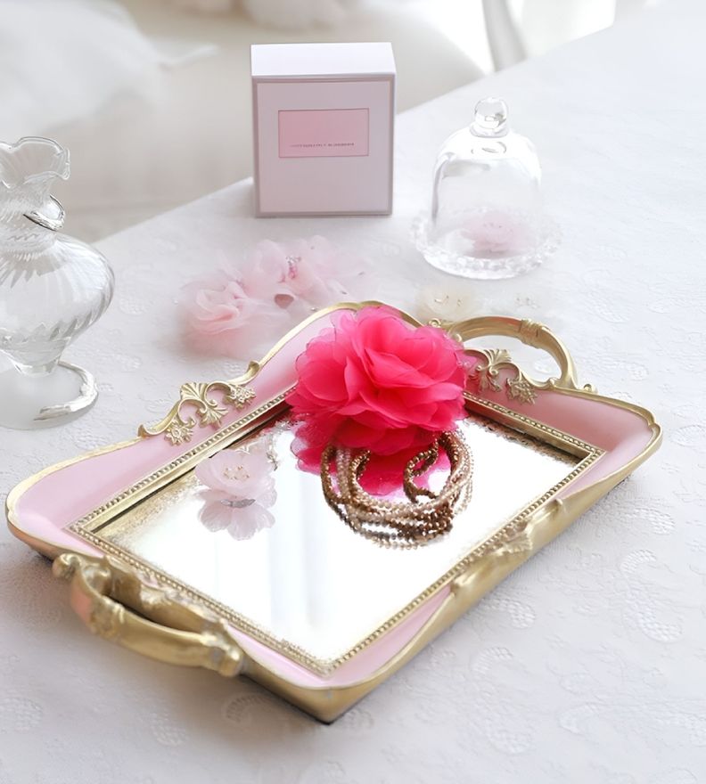 Bandeja Espejo Rosa Organizador Adorno Decorativo Jhn-5