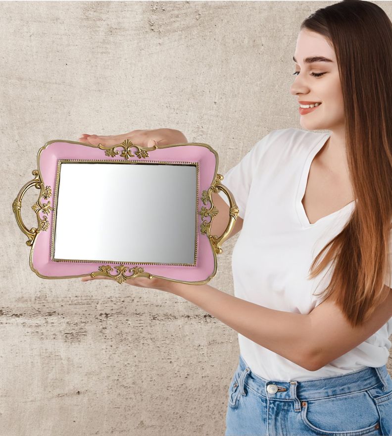 Bandeja Espejo Rosa Organizador Adorno Decorativo Jhn-7