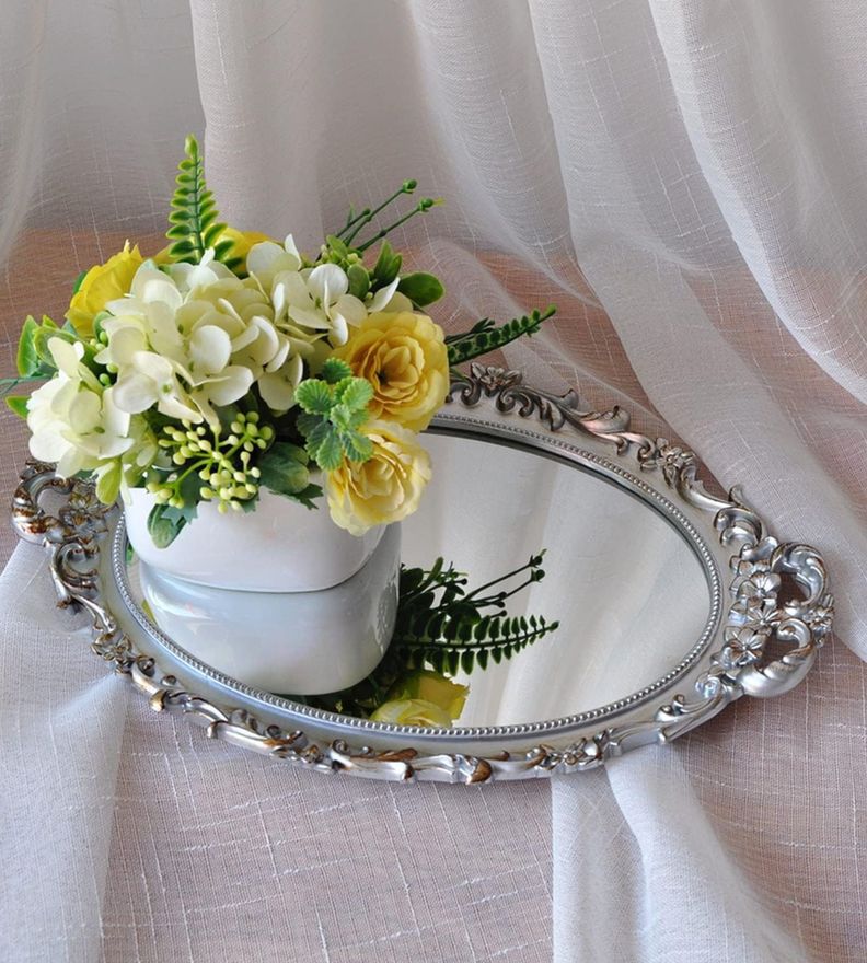 Set 2 Bandeja Espejo Plateada Decorativa Organizador Jhn-5