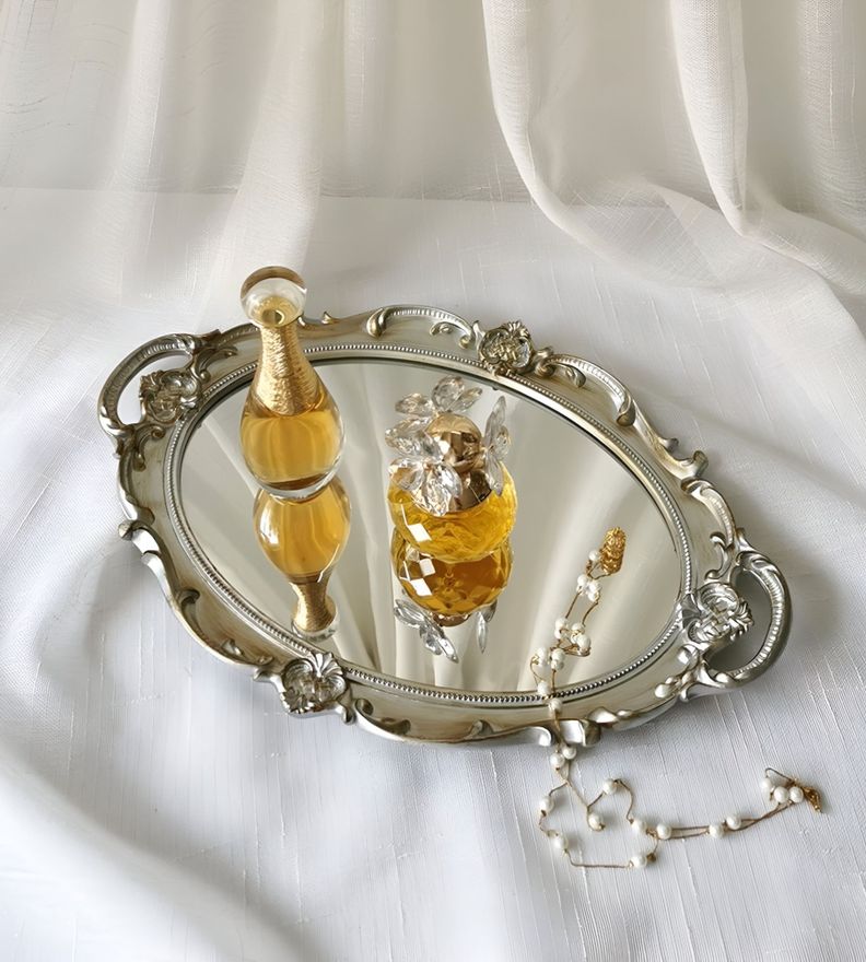 Set 2 Bandeja Espejo Plateada Decorativa Organizador Jhn-6