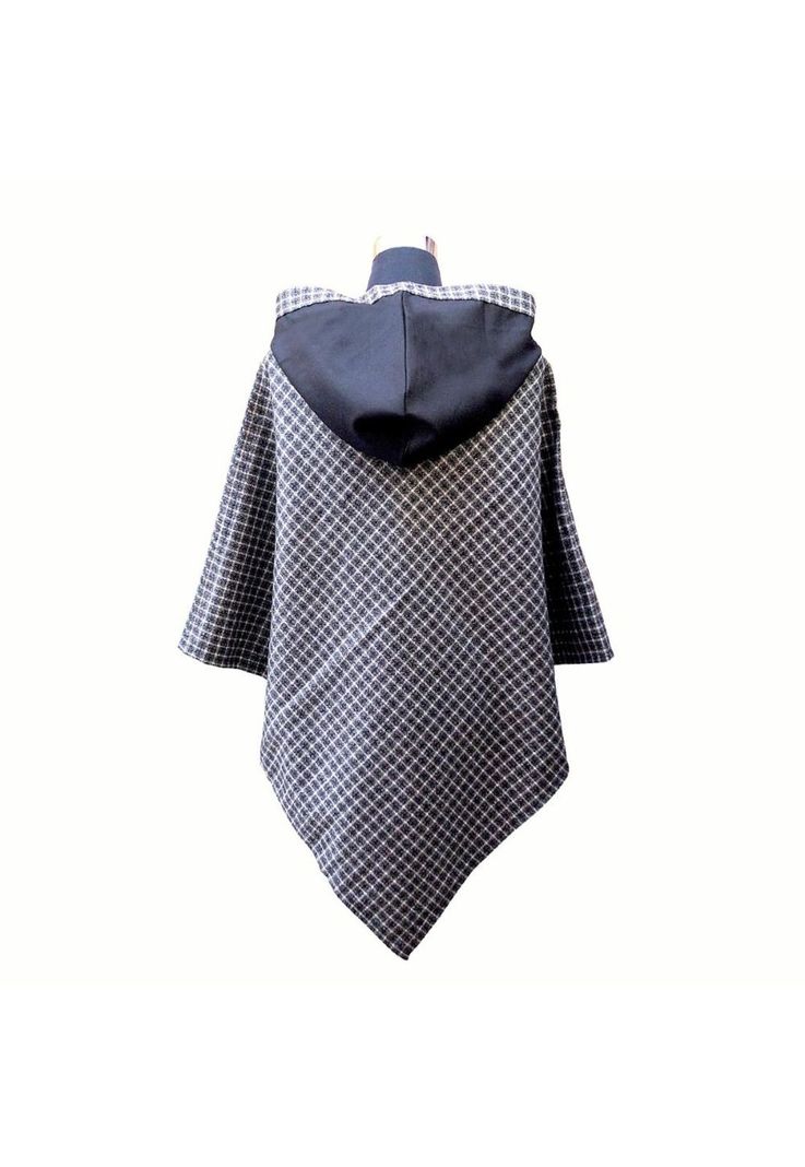 Poncho Capucha 100% Lana - Corto - Blanco Negro-1