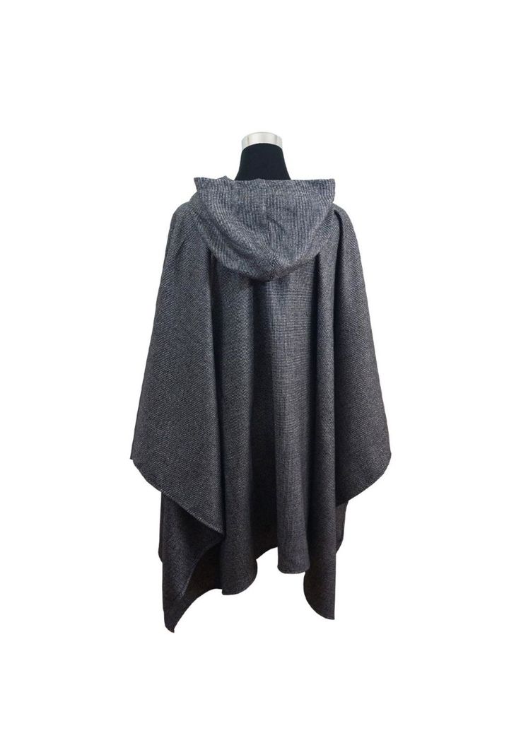 Poncho Clásico Capucha 100% Lana - Largo - Gris Oscuro-1