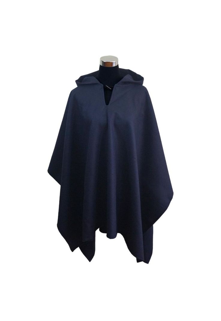 Poncho Paño Capucha 100% Lana- Largo - Azul Marino-0