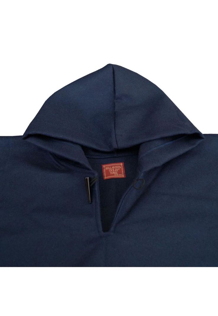 Poncho Paño Capucha 100% Lana- Largo - Azul Marino-3