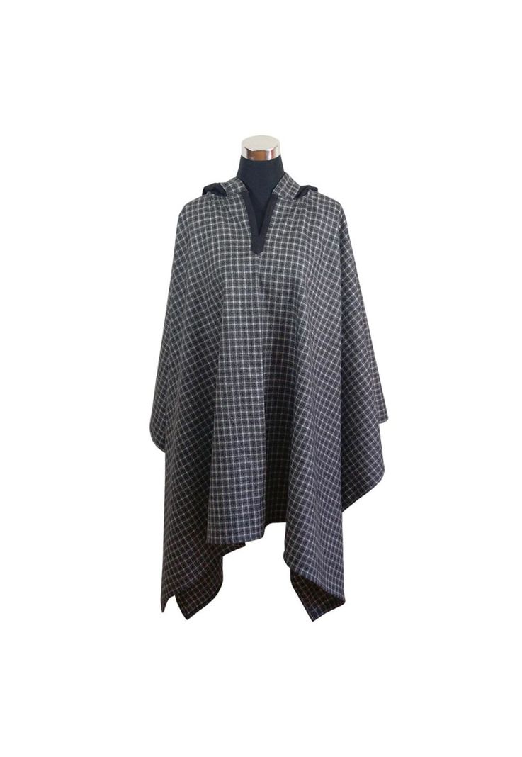 Poncho Capucha 100% Lana - Largo - Blanco Negro-0