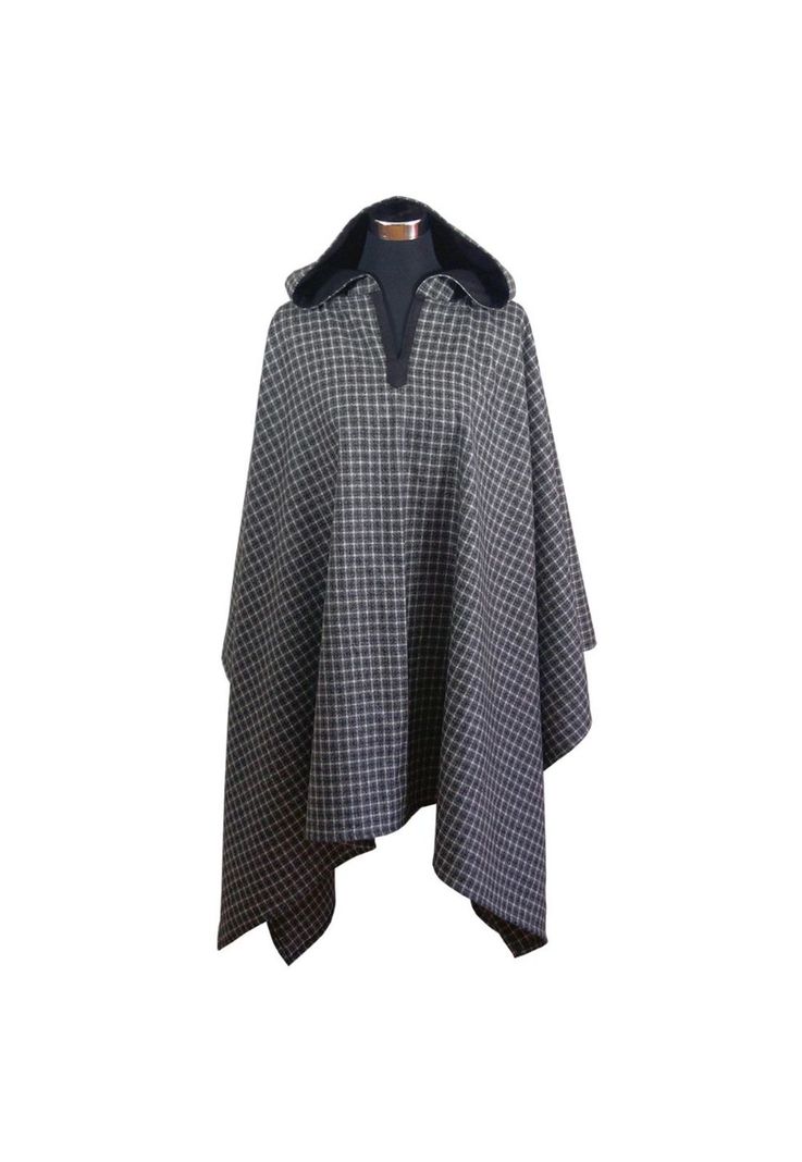 Poncho Capucha 100% Lana - Largo - Blanco Negro-2