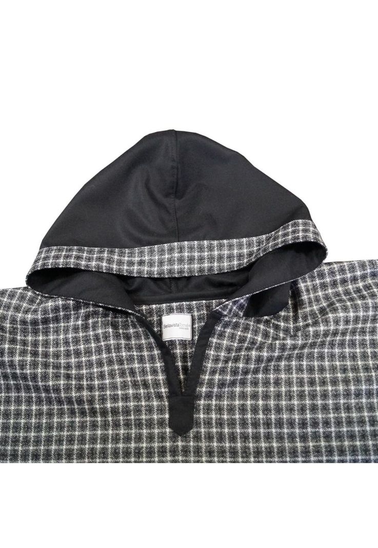 Poncho Capucha 100% Lana - Largo - Blanco Negro-3