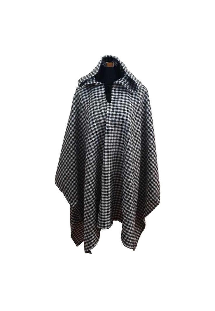 Poncho Capucha 100% Lana - Largo - Negro Blanco-0