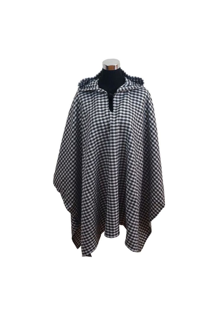 Poncho Capucha 100% Lana - Largo - Negro Blanco-1