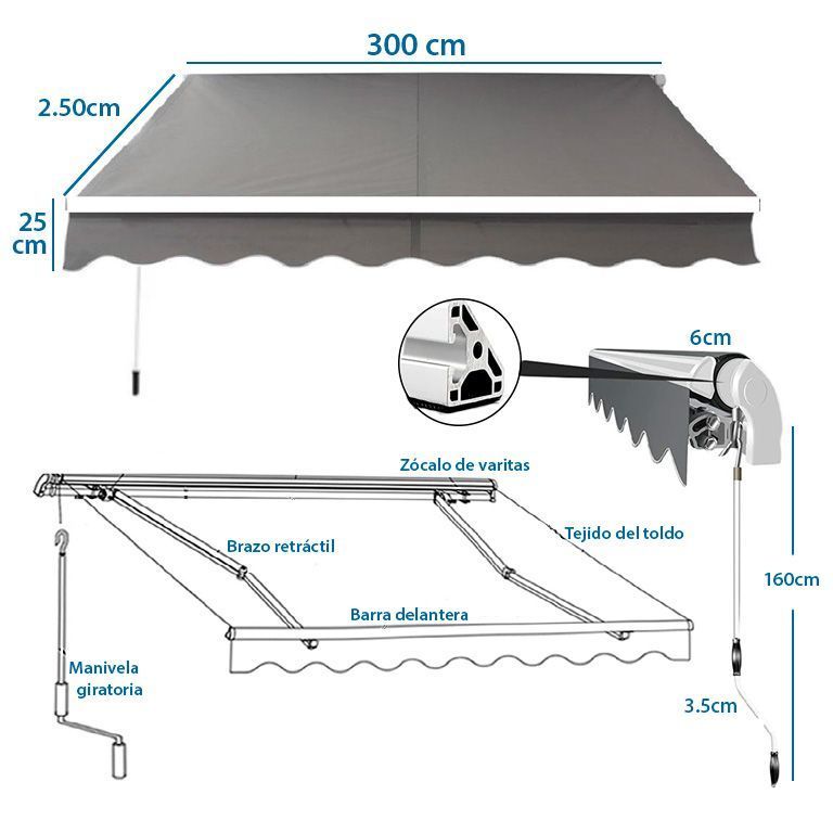 Toldo Brazo Retractil Terrazas 3x2.5 mts Gris-1