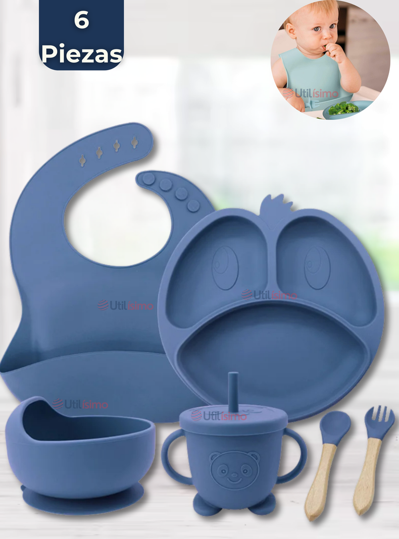 Set De Alimentación Bebé Silicona De Formas 6 Piezas Libre BPA Azul-0