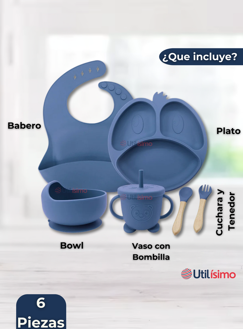 Set De Alimentación Bebé Silicona De Formas 6 Piezas Libre BPA Azul-5