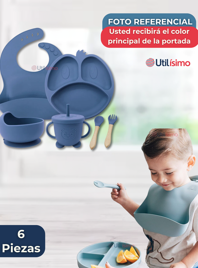 Set De Alimentación Bebé Silicona De Formas 6 Piezas Libre BPA Azul-6
