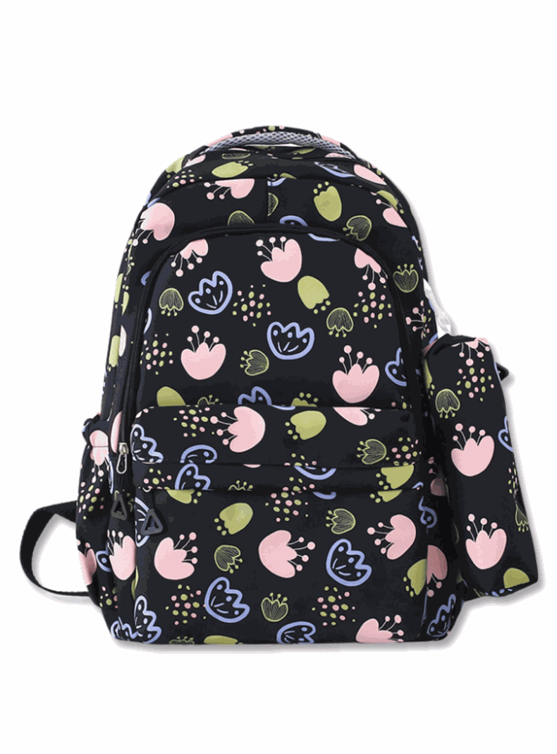 Mochila Escolar 46cm Diseno Floral Print Black