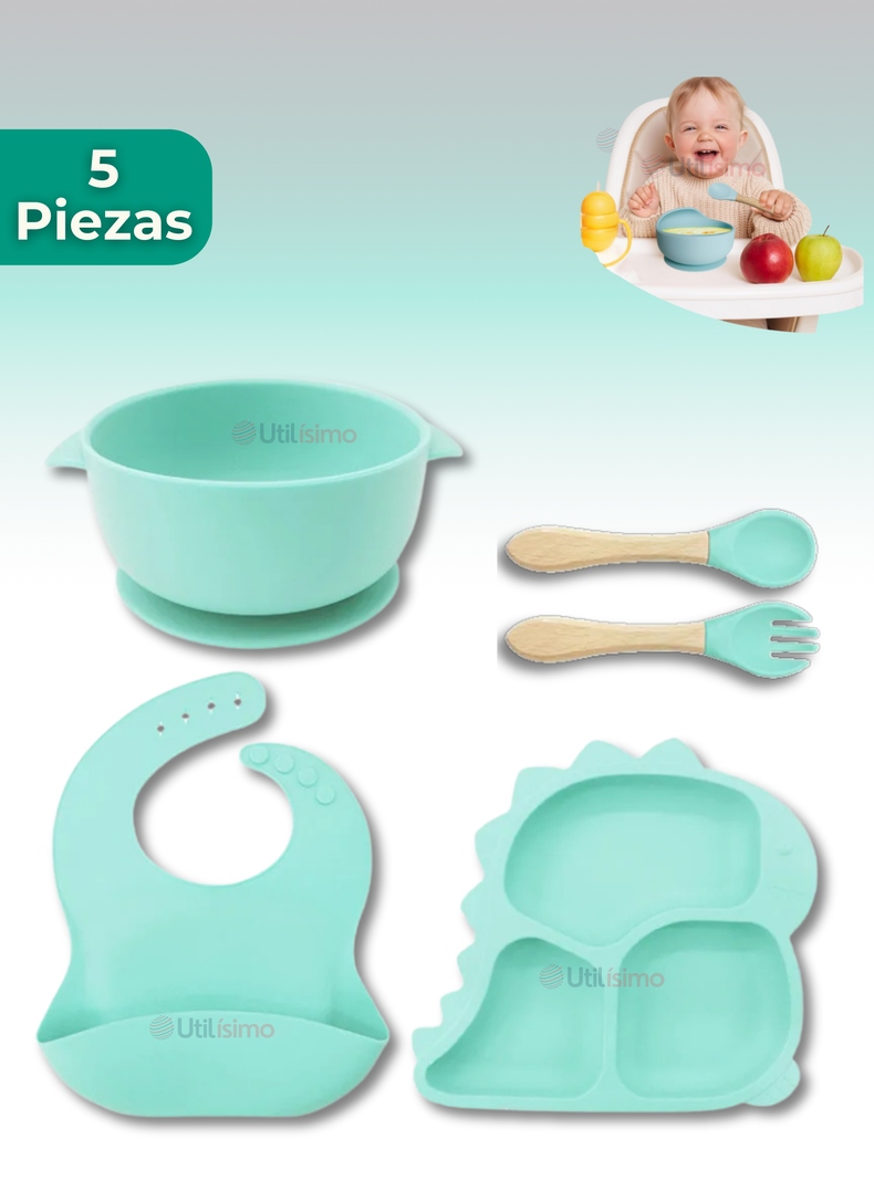Set De Alimentación Bebé Silicona 5 Piezas Dinosaurio Libre BPA Turquesa-0