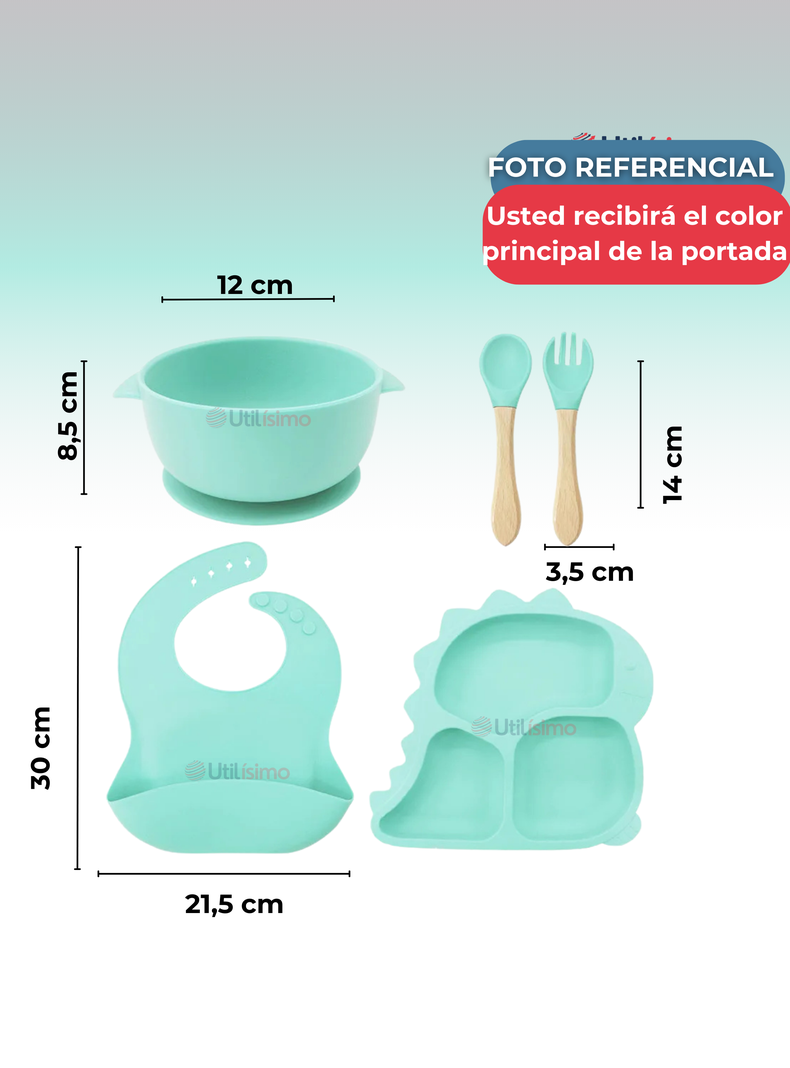 Set De Alimentación Bebé Silicona 5 Piezas Dinosaurio Libre BPA Turquesa-1