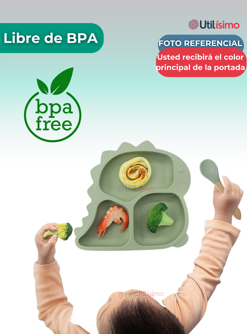 Set De Alimentación Bebé Silicona 5 Piezas Dinosaurio Libre BPA Turquesa-2