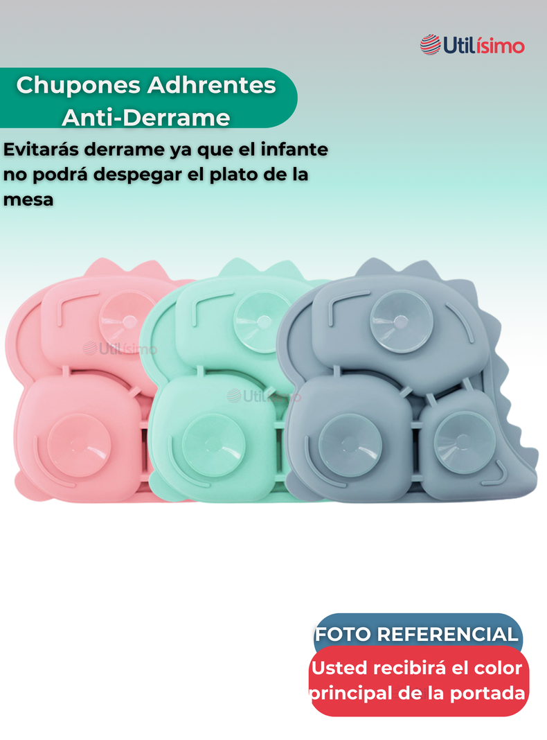 Set De Alimentación Bebé Silicona 5 Piezas Dinosaurio Libre BPA Turquesa-3