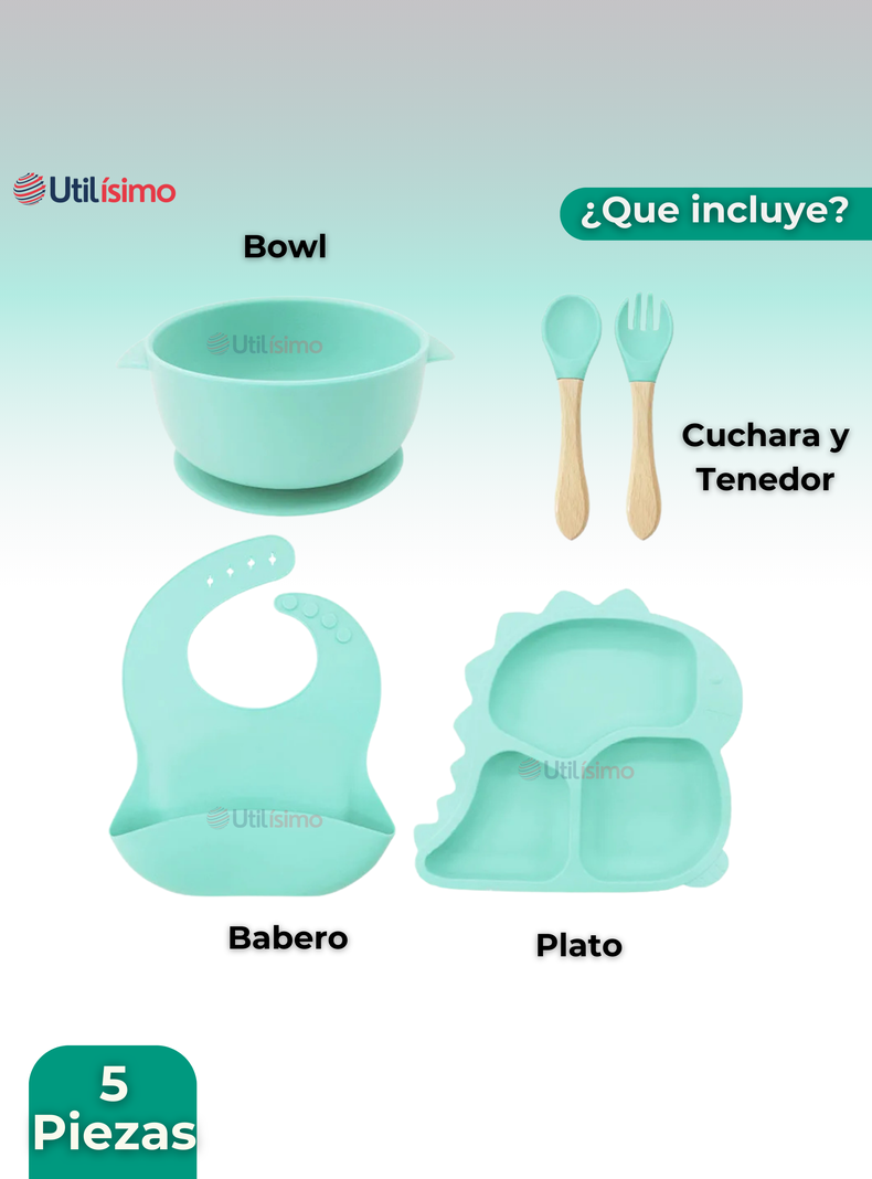 Set De Alimentación Bebé Silicona 5 Piezas Dinosaurio Libre BPA Turquesa-4