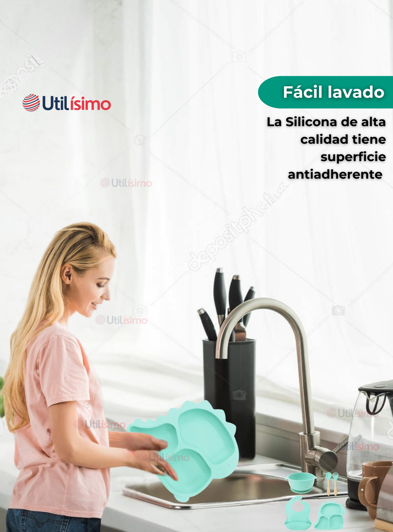 Set De Alimentación Bebé Silicona 5 Piezas Dinosaurio Libre BPA Turquesa-5