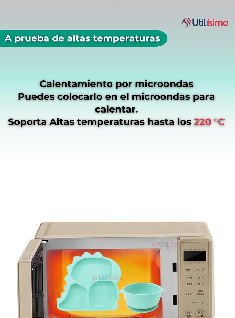 Set De Alimentación Bebé Silicona 5 Piezas Dinosaurio Libre BPA Turquesa-6