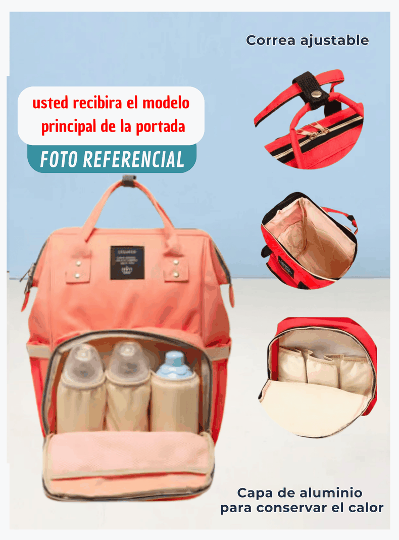 Mochila Maternal Bolso Pañalera Nylon Bebé Térmica e Impermeable Coral Pink-3