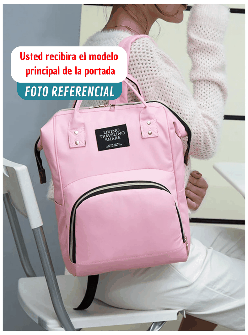 Mochila Maternal Bolso Pañalera Nylon Bebé Térmica e Impermeable Coral Pink-4