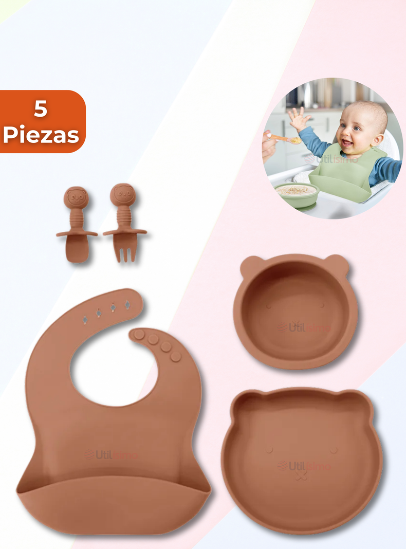  Set De Alimentación Bebé Silicona 5 Piezas De Osito Libre BPA Naranja-0