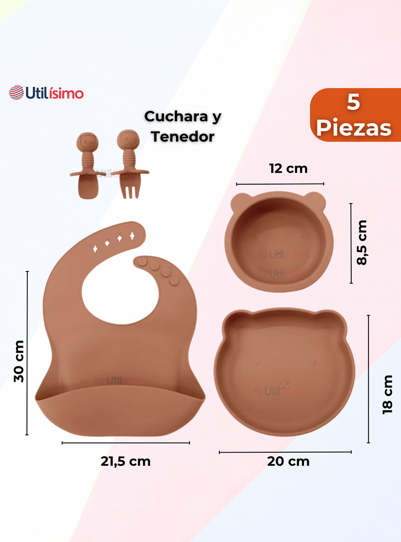  Set De Alimentación Bebé Silicona 5 Piezas De Osito Libre BPA Naranja-1