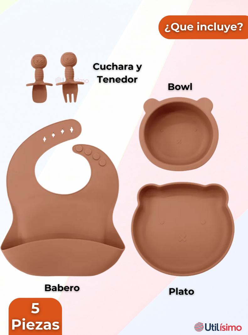  Set De Alimentación Bebé Silicona 5 Piezas De Osito Libre BPA Naranja-2