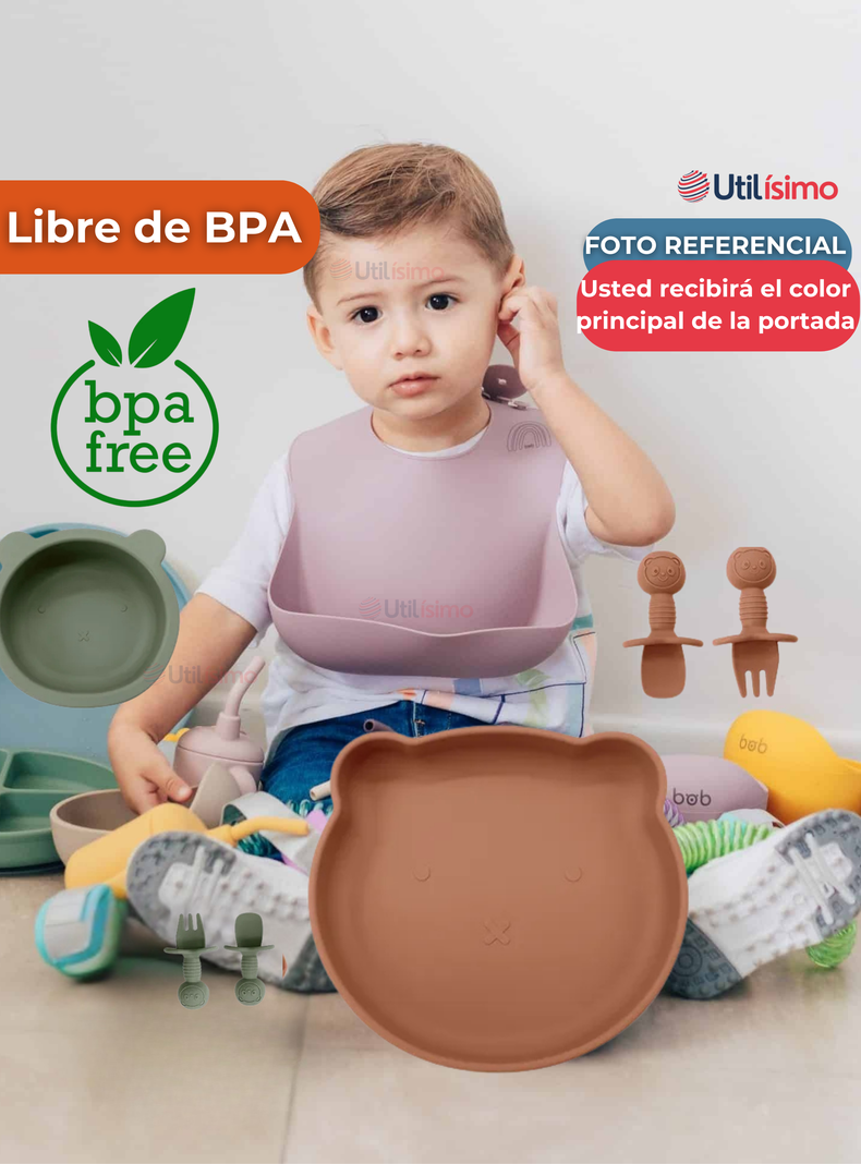  Set De Alimentación Bebé Silicona 5 Piezas De Osito Libre BPA Naranja-4
