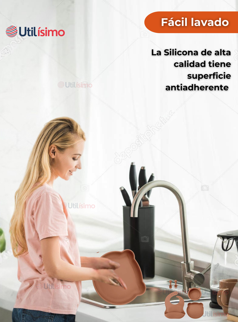  Set De Alimentación Bebé Silicona 5 Piezas De Osito Libre BPA Naranja-5