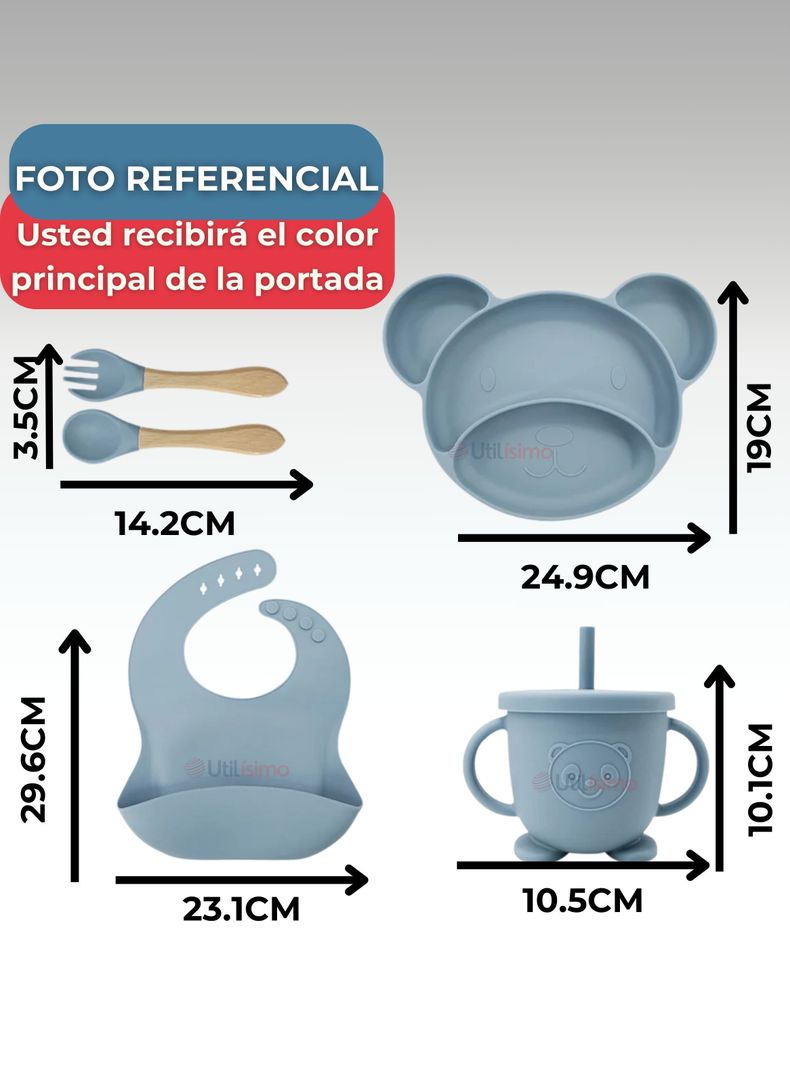 Set De Alimentación Bebé Silicona 6 Piezas Libre BPA Gris-1