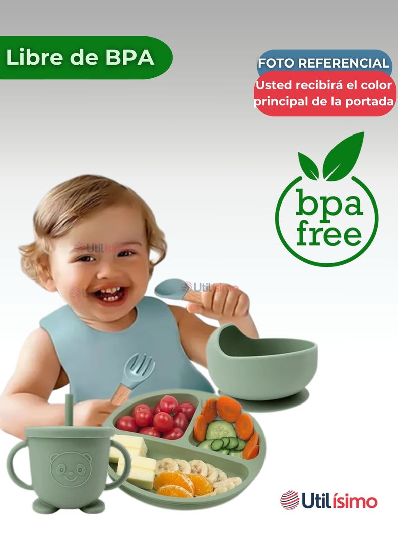 Set De Alimentación Bebé Silicona 6 Piezas Libre BPA Gris-2