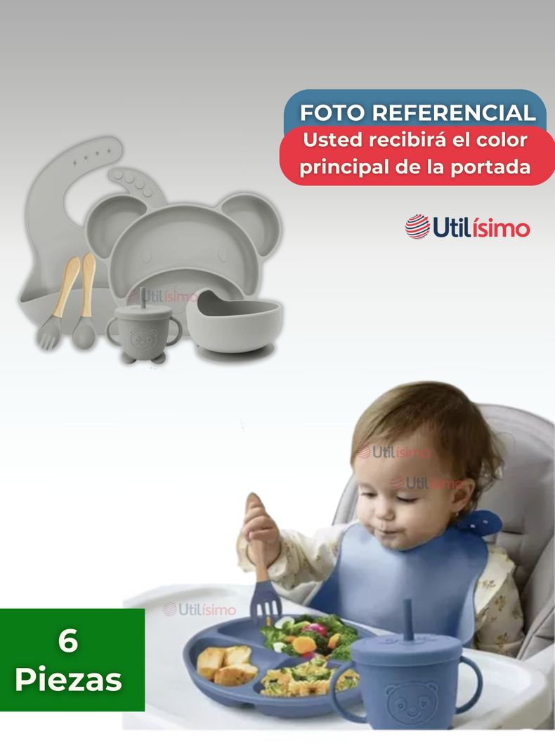 Set De Alimentación Bebé Silicona 6 Piezas Libre BPA Gris-6