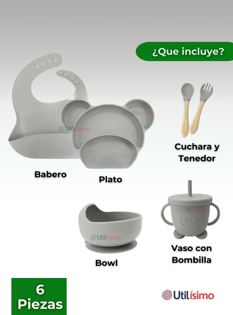 Set De Alimentación Bebé Silicona 6 Piezas Libre BPA Gris-7