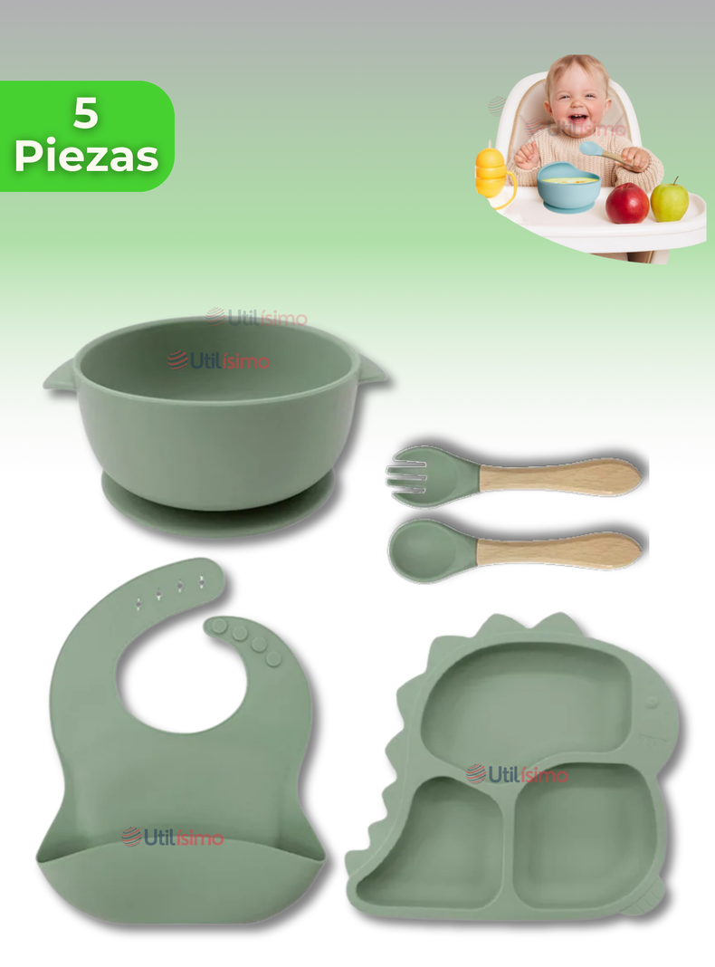 Set De Alimentación Bebé Silicona 5 Piezas Dinosaurio Libre BPA Verde-0