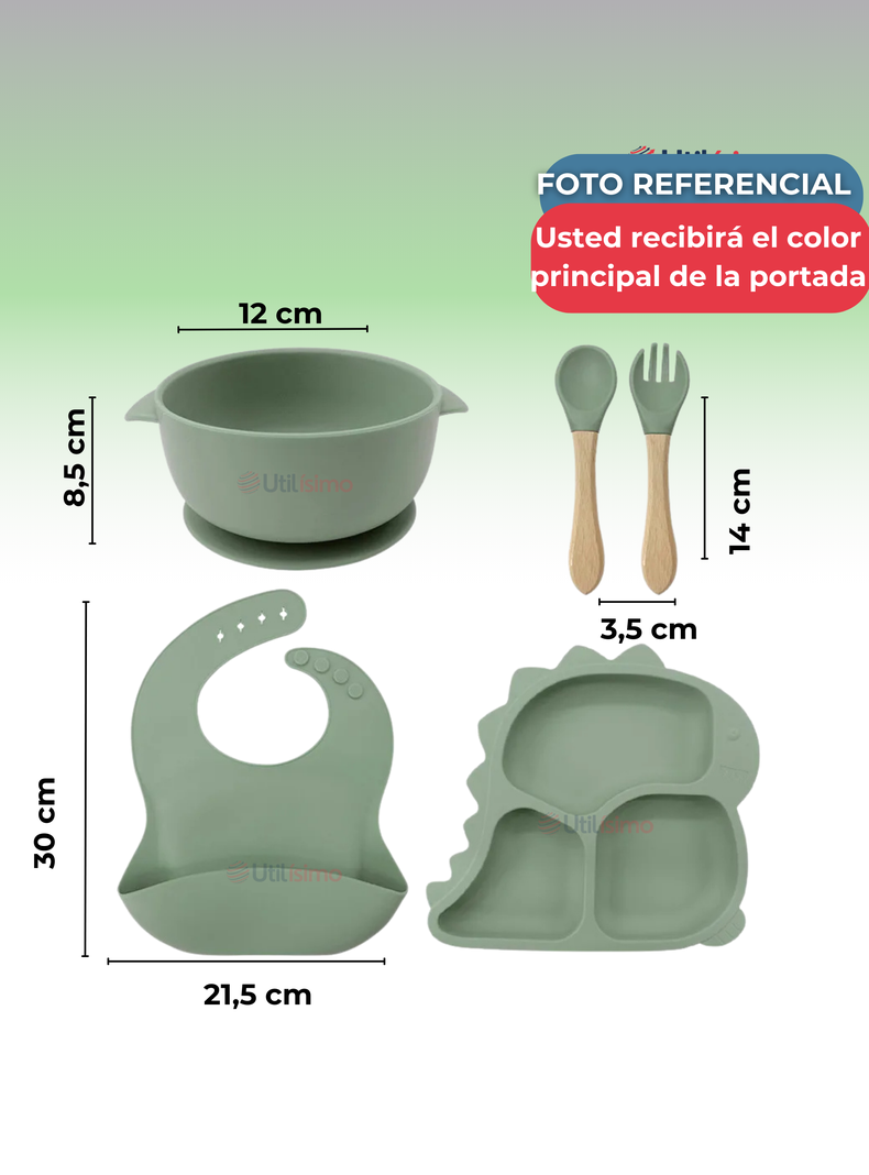 Set De Alimentación Bebé Silicona 5 Piezas Dinosaurio Libre BPA Verde-1