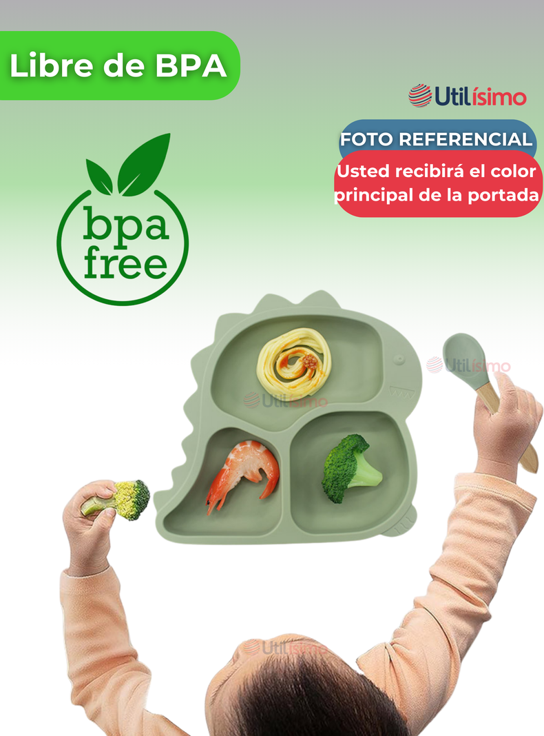Set De Alimentación Bebé Silicona 5 Piezas Dinosaurio Libre BPA Verde-2