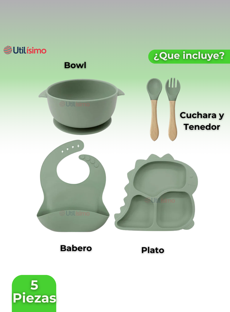 Set De Alimentación Bebé Silicona 5 Piezas Dinosaurio Libre BPA Verde-4
