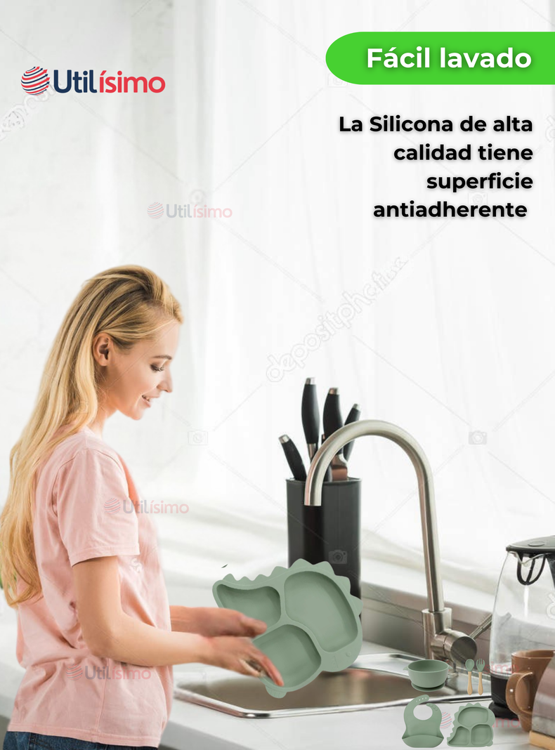 Set De Alimentación Bebé Silicona 5 Piezas Dinosaurio Libre BPA Verde-5