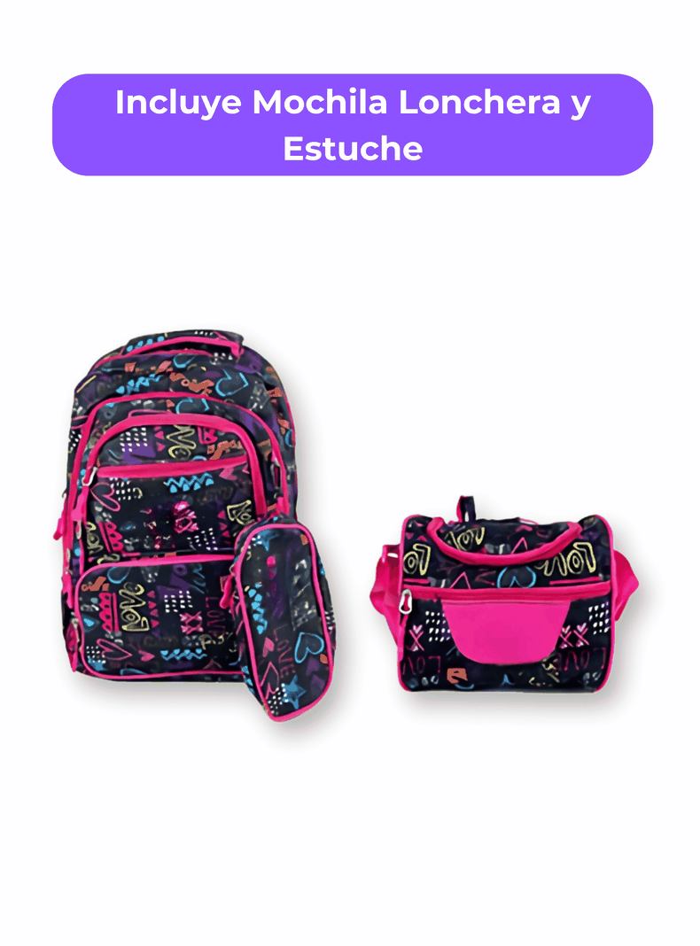 Mochila Con Lonchera Y Estuche 45CM Diseños Variados Niña Love-2