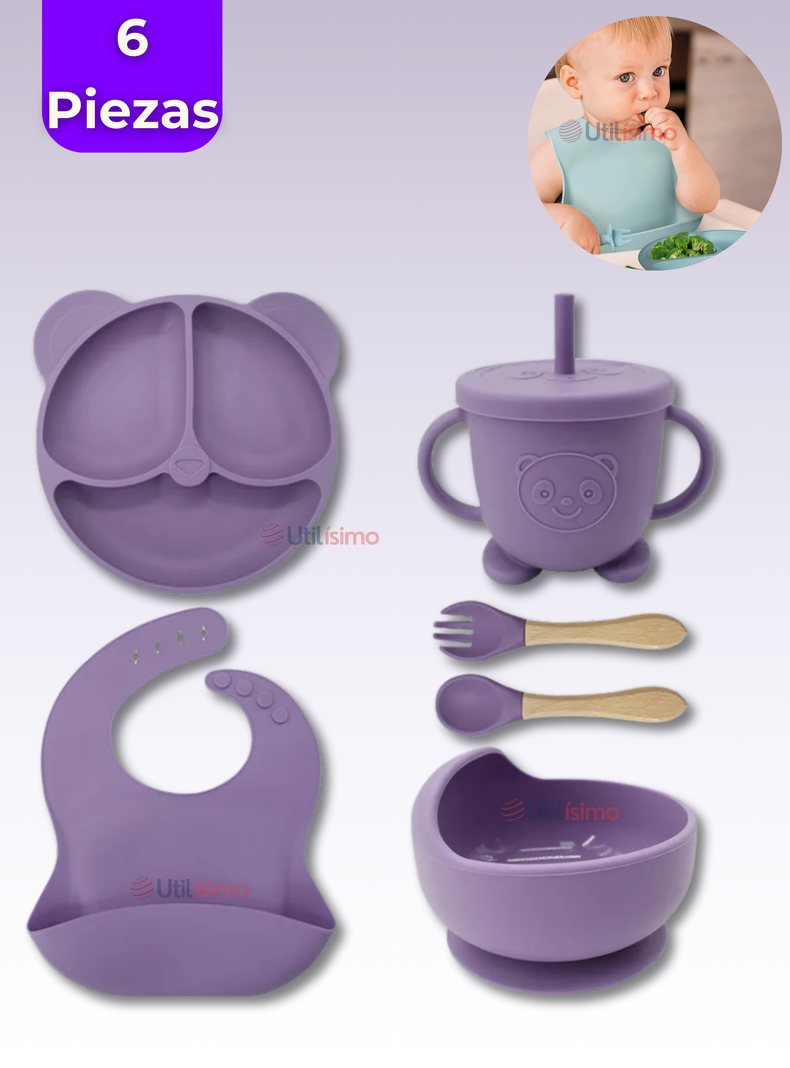 Set De Alimentación Bebé Silicona De Oso 6 Piezas Libre BPA Lila-0